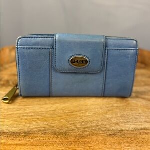 Fossil Blue Leather Wallet Organizer Zip Around Checkbook Style